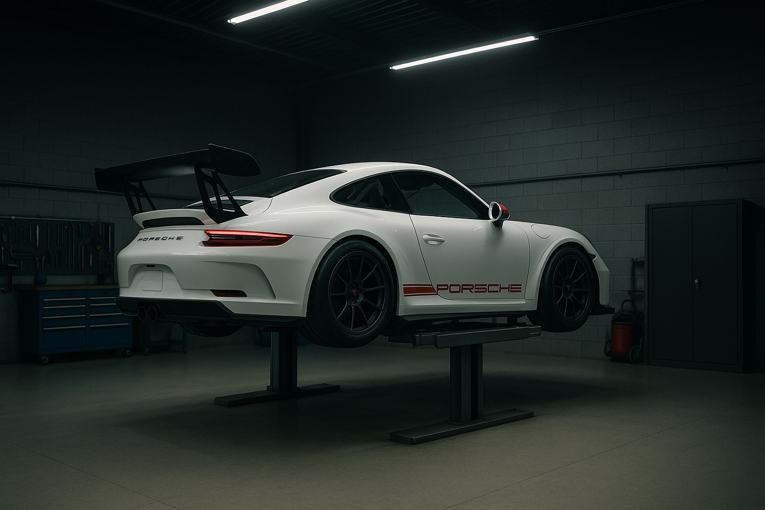 Race-ready car on stands inside a tidy workshop with alignment equipment