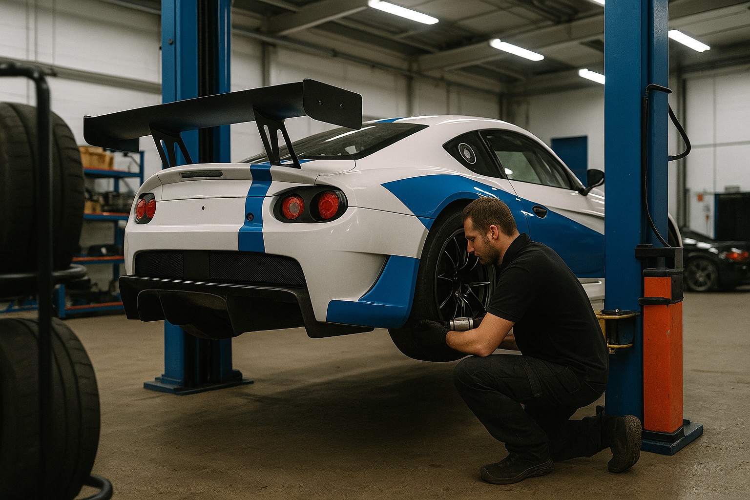 Race car in preparation bay with tools and parts neatly laid out