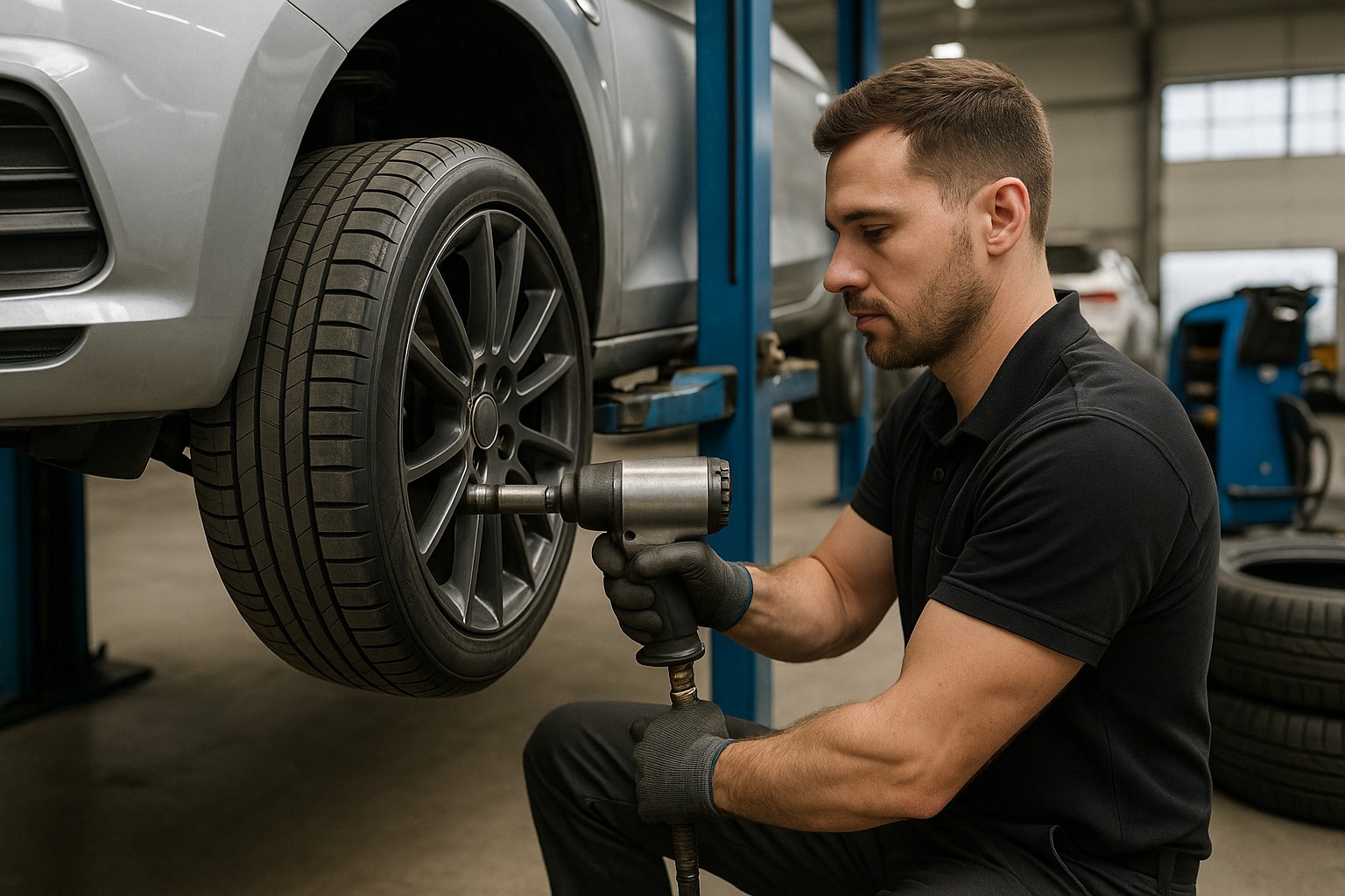 Tyre stack and a balancer in a clean bay